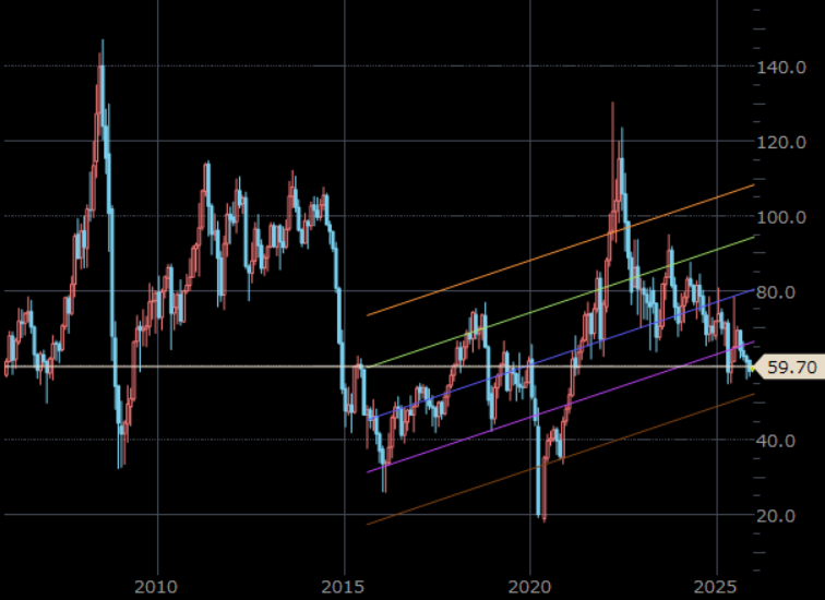 NY原油先物　月足　単位：ドル/バレル