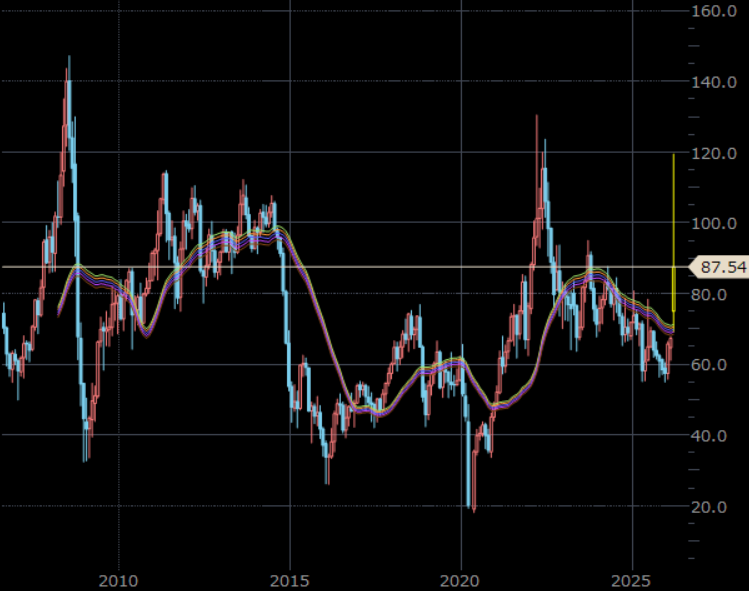 NY原油先物（期近）　月足　単位：ドル/バレル