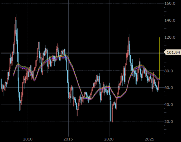 NY原油先物（期近）　月足　単位：ドル/バレル