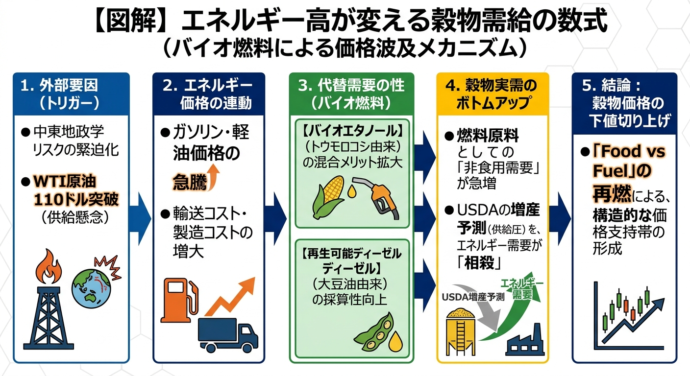【図解】エネルギー高が変える穀物需給の数式（バイオ燃料による価格波及メカニズム）